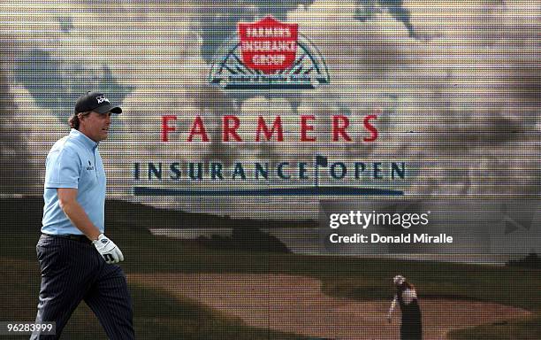 Phil Mickelson walks along the 18th green during the third round of the 2010 Farmers Insurance Open on January 30, 2010 at Torrey Pines Golf Course...