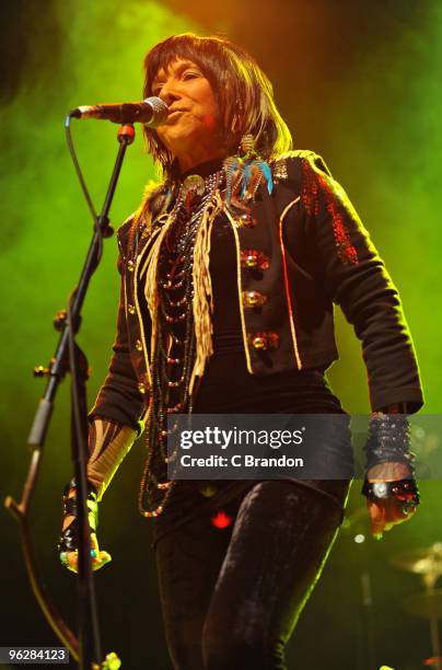 Buffy Sainte-Marie performs on stage at Shepherds Bush Empire on January 30, 2010 in London, England.