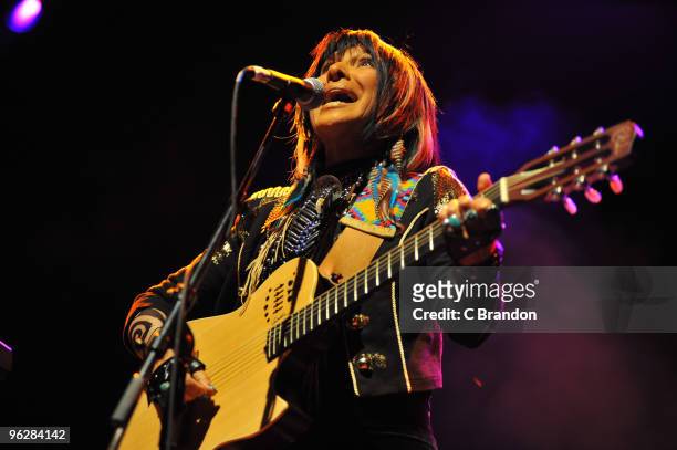 Buffy Sainte-Marie performs on stage at Shepherds Bush Empire on January 30, 2010 in London, England.