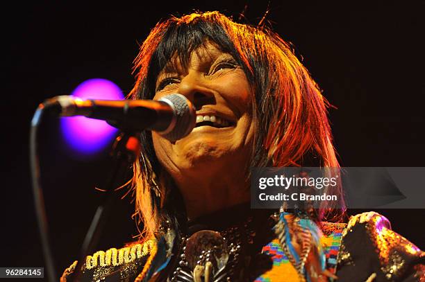 Buffy Sainte-Marie performs on stage at Shepherds Bush Empire on January 30, 2010 in London, England.