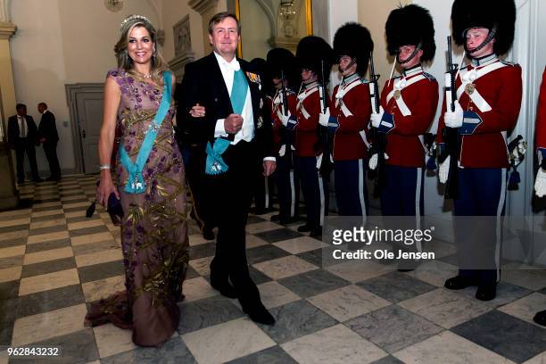 King Willem Alexander of the Nederlands and wife Queen Maxima arrive to the gala banquet on the occasion of The Crown Prince's 50th birthday at...