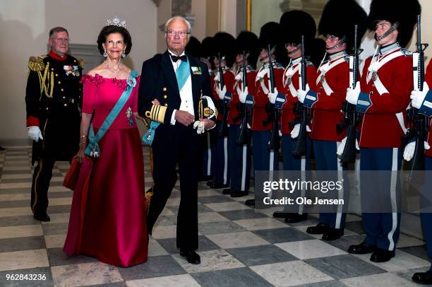 King Carl Gustaf of Sweden and wife Queen Silvia arrive to the gala banquet on the occasion of The Crown Prince's 50th birthday at Christiansborg...