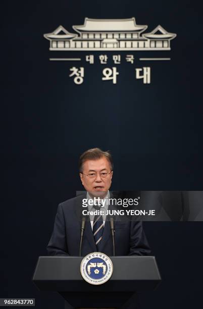 South Korea's President Moon Jae-in speaks during a press conference at the presidential Blue House in Seoul on May 27, 2018. - North Korea's leader...