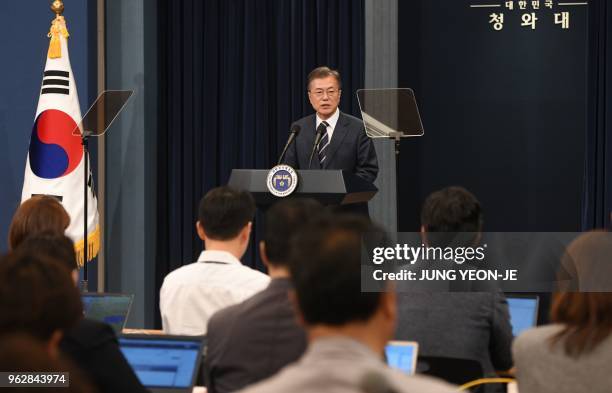 South Korea's President Moon Jae-in speaks during a press conference at the presidential Blue House in Seoul on May 27, 2018. - North Korea's leader...