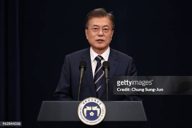 South Korean President Moon Jae-in attends the press conference at the presidential blue house on May 27, 2018 in Seoul, South Korea. South Korean...