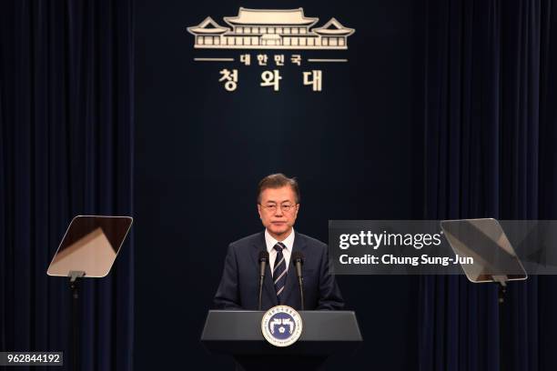 South Korean President Moon Jae-in attends the press conference at the presidential blue house on May 27, 2018 in Seoul, South Korea. South Korean...