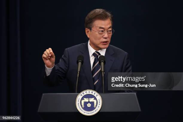 South Korean President Moon Jae-in attends the press conference at the presidential blue house on May 27, 2018 in Seoul, South Korea. South Korean...