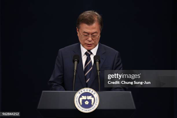 South Korean President Moon Jae-in attends the press conference at the presidential blue house on May 27, 2018 in Seoul, South Korea. South Korean...