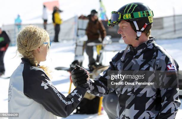 Lindsey Jacobellis of Stratton, Vermont and Nate Holland of Squaw Valley, California shake hands prior to competition as they each went on to win...