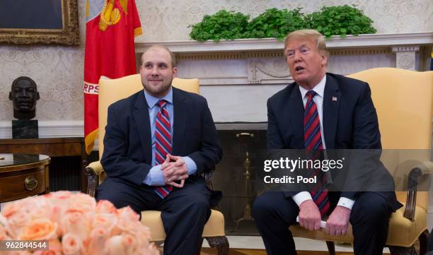 President Donald Trump speaks during a meeting with Joshua Holt after his return to the U.S. At the White House on May 26, 2018 in Washington, DC....