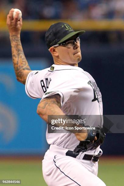 Anthony Banda of the Rays delivers a pitch to the plate during the MLB regular season game between the Baltimore Orioles and the Tampa Bay Rays on...