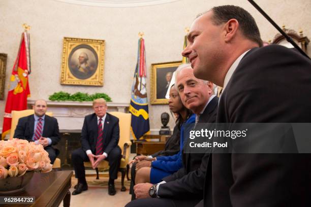 President Donald Trump and Joshua Holt, Representative Mia Love, Senator Bob Corker listen to Senator Mike Lee speak about the return of Holt to the...