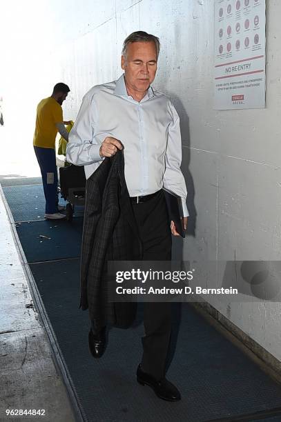 Head Coach Mike D'Antoni of the Houston Rockets arrives before the game against the Golden State Warriors during Game Six of the Western Conference...