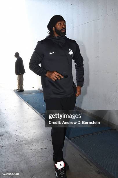 Nene Hilario of the Houston Rockets arrives before the game against the Golden State Warriors during Game Six of the Western Conference Finals during...