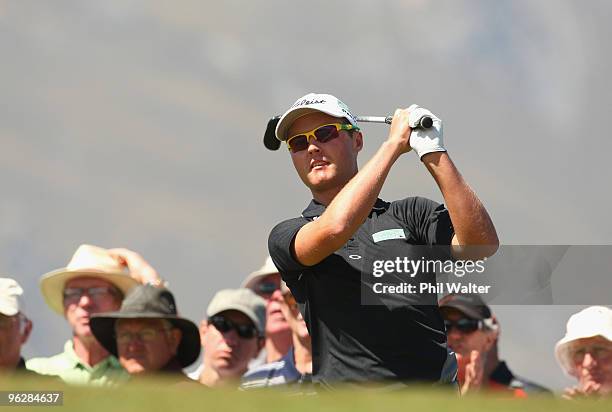 Matthew Griffin of Australia tees off on the 1st hole during day four of the New Zealand Open at The Hills Golf Club on January 31, 2010 in...