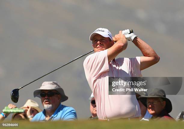 Michael Curtain of Australia tees off on the 1st hole during day four of the New Zealand Open at The Hills Golf Club on January 31, 2010 in...