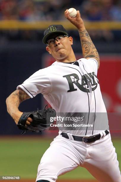 Anthony Banda of the Rays delivers a pitch to the plate during the MLB regular season game between the Baltimore Orioles and the Tampa Bay Rays on...