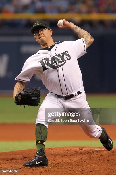 Anthony Banda of the Rays delivers a pitch to the plate during the MLB regular season game between the Baltimore Orioles and the Tampa Bay Rays on...