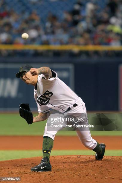 Anthony Banda of the Rays delivers a pitch to the plate during the MLB regular season game between the Baltimore Orioles and the Tampa Bay Rays on...