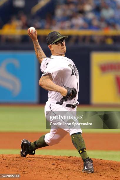 Anthony Banda of the Rays delivers a pitch to the plate during the MLB regular season game between the Baltimore Orioles and the Tampa Bay Rays on...