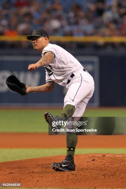 Anthony Banda of the Rays delivers a pitch to the plate during the MLB regular season game between the Baltimore Orioles and the Tampa Bay Rays on...