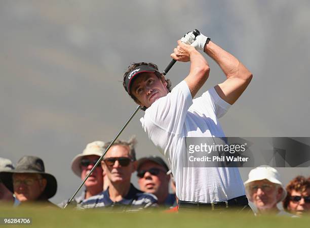 Mark Hensby of Australia tees off on the 1st hole during day four of the New Zealand Open at The Hills Golf Club on January 31, 2010 in Queenstown,...