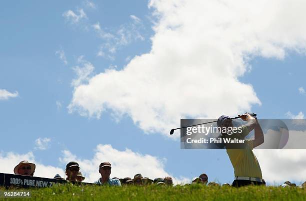 Robert Gates of the USA tees off on the 2nd hole during day four of the New Zealand Open at The Hills Golf Club on January 31, 2010 in Queenstown,...