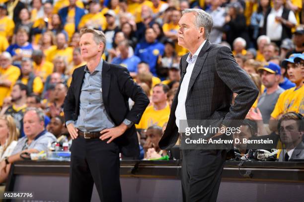 Head Coach Mike D'Antoni of the Houston Rockets looks on during the game against the Golden State Warriors during Game Six of the Western Conference...