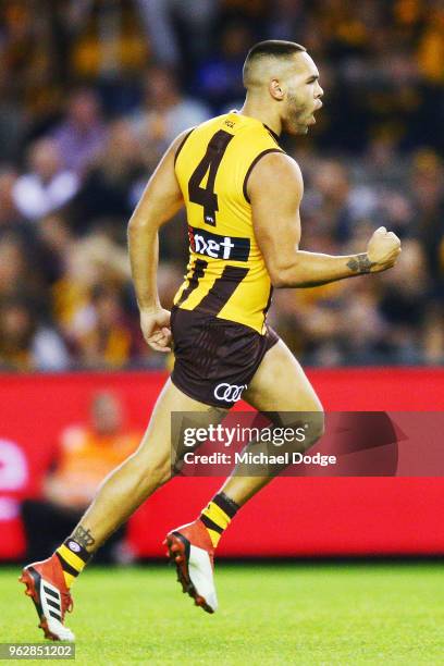 Jarman Impey of the Hawks celebrates a goal during the round 10 AFL match between the Hawthorn Hawks and the West Coast Eagles at Etihad Stadium on...