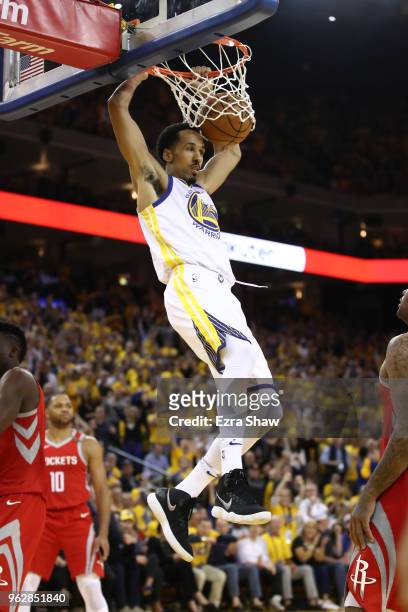 Shaun Livingston of the Golden State Warriors dunks the ball against the Houston Rockets during Game Six of the Western Conference Finals in the 2018...