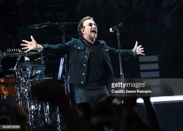 Bono of the rock band U2 performs at Bridgestone Arena on May 26, 2018 in Nashville, Tennessee.