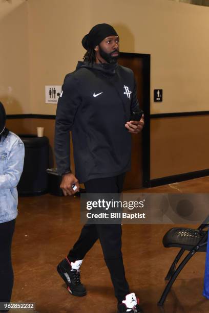 Nene Hilario of the Houston Rockets arrives before the game against the Golden State Warriors in Game Six of the Western Conference Finals during the...