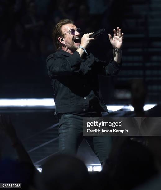Bono of the rock band U2 performs at Bridgestone Arena on May 26, 2018 in Nashville, Tennessee.