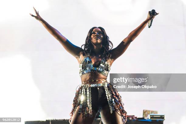 Tiwa Savage performs on stage during AFROREPUBLIK festival at The O2 Arena on May 26, 2018 in London, England.