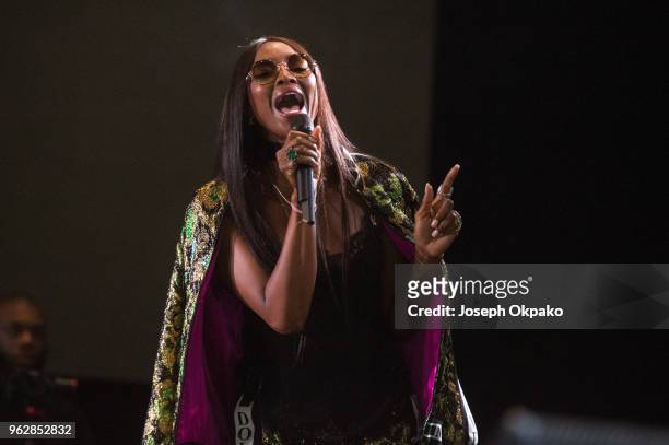 Naomi Campbell on stage during AFROREPUBLIK festival at The O2 Arena on May 26, 2018 in London, England.