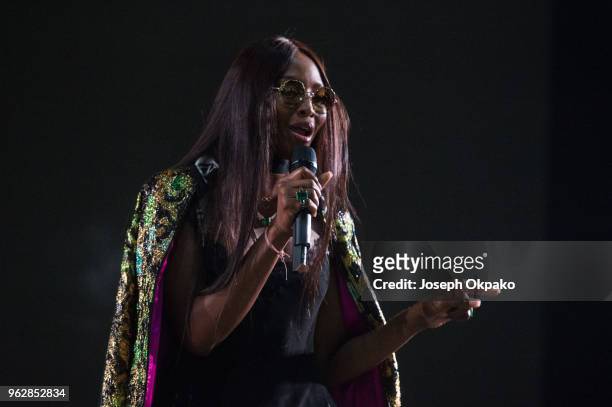 Naomi Campbell on stage during AFROREPUBLIK festival at The O2 Arena on May 26, 2018 in London, England.