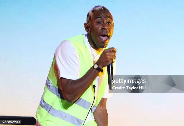 Tyler, the Creator performs during Day 2 of 2018 Boston Calling Music Festival at Harvard Athletic Complex on May 26, 2018 in Boston, Massachusetts.