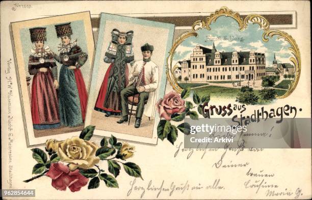 Litho Stadthagen im Kreis Schaumburg, Fürstl. Schloss, Trachten