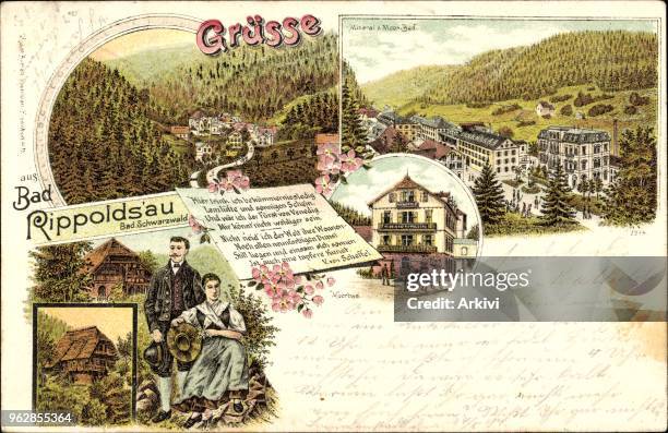 Litho Bad Rippoldsau Schapbach im Schwarzwald, Moorbad, Paar in Tracht