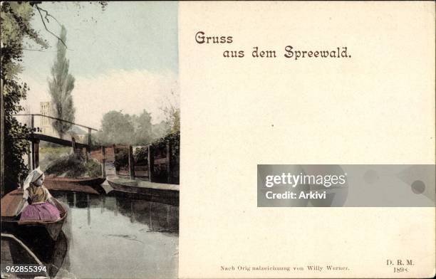 Ak Gruß aus dem Spreewald, Spreewälderin im Fluss