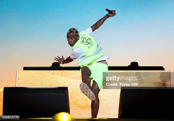 Tyler, the Creator performs during Day 2 of 2018 Boston Calling Music Festival at Harvard Athletic Complex on May 26, 2018 in Boston, Massachusetts.