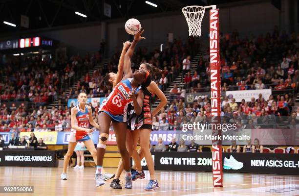 Sam Wallace of the Swifts catches the ball during the round five Super Netball match between the Swifts and the Magpies at Quay Centre on May 27,...