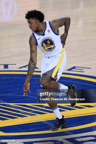 Nick Young of the Golden State Warriors reacts after scoring against the Houston Rockets during Game Six of the Western Conference Finals in the 2018...