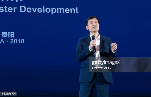 Baidu CEO Robin Li Yanhong makes a speech during the China International Big Data Industry Expo 2018 at Guiyang International Eco-Conference Center...