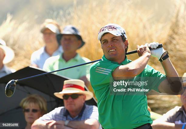Scott Gardiner of Australia tees off on the 14th hole during day four of the New Zealand Open at The Hills Golf Club on January 31, 2010 in...