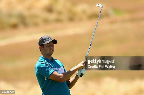 Bradley Iles of New Zealand plays a shot on the 14th fairway during day four of the New Zealand Open at The Hills Golf Club on January 31, 2010 in...