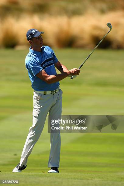 David Smail of New Zealand plays a shot on the 14th fairway during day four of the New Zealand Open at The Hills Golf Club on January 31, 2010 in...