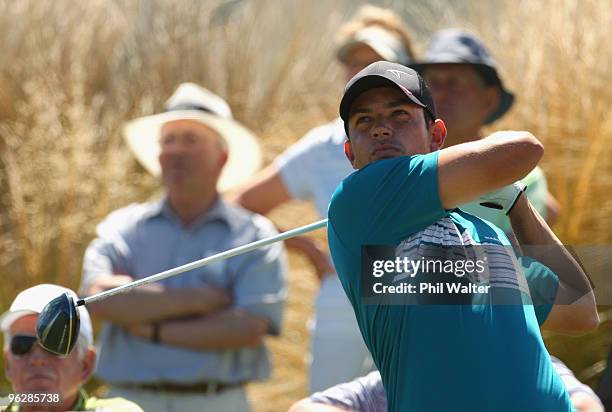 Bradley Iles of New Zealand tees off on the 14th hole during day four of the New Zealand Open at The Hills Golf Club on January 31, 2010 in...