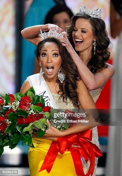 Miss America 2009 Katie Stam crowns Caressa Cameron, Miss Virginia, the new Miss America during the 2010 Miss America Pageant at the Planet Hollywood...