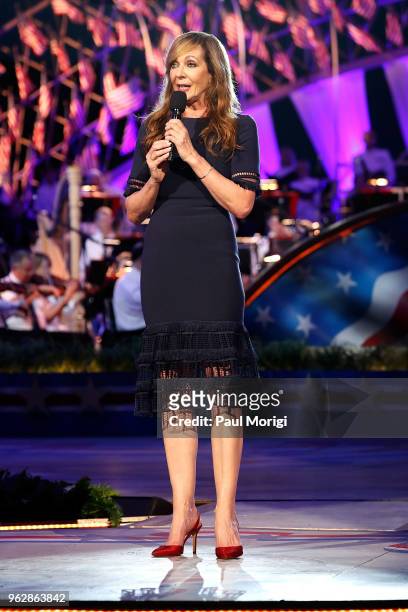 Academy Award, Golden Globe and Emmy Award-winning actress Allison Janney speaks during the 2018 National Memorial Day Concert - Rehearsals at U.S....
